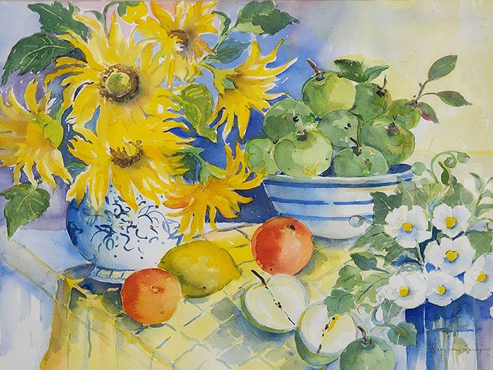 Sunflowers and Apples Watercolour