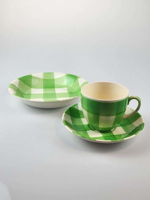 Crown Lynn green Gingham duo &amp; bowl