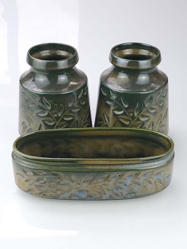 Crown Lynn - Spray Leaf Green Stone Vases &amp; Trough