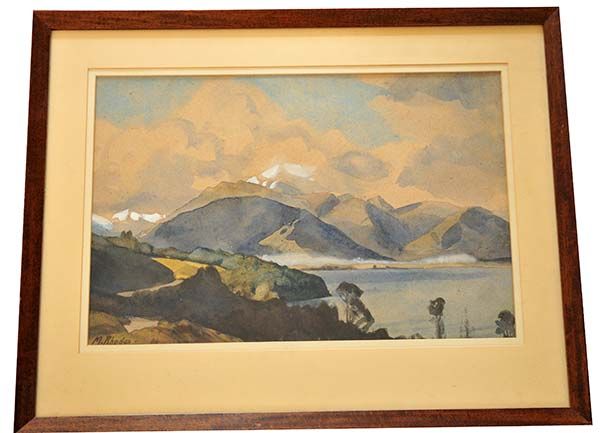 New Zealand Art: Margaret Rhodes Water Colour Painting - Lake Wakatipu