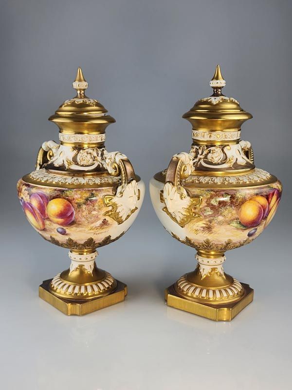 Pair of Royal Worcester Fruit covered vases/urns